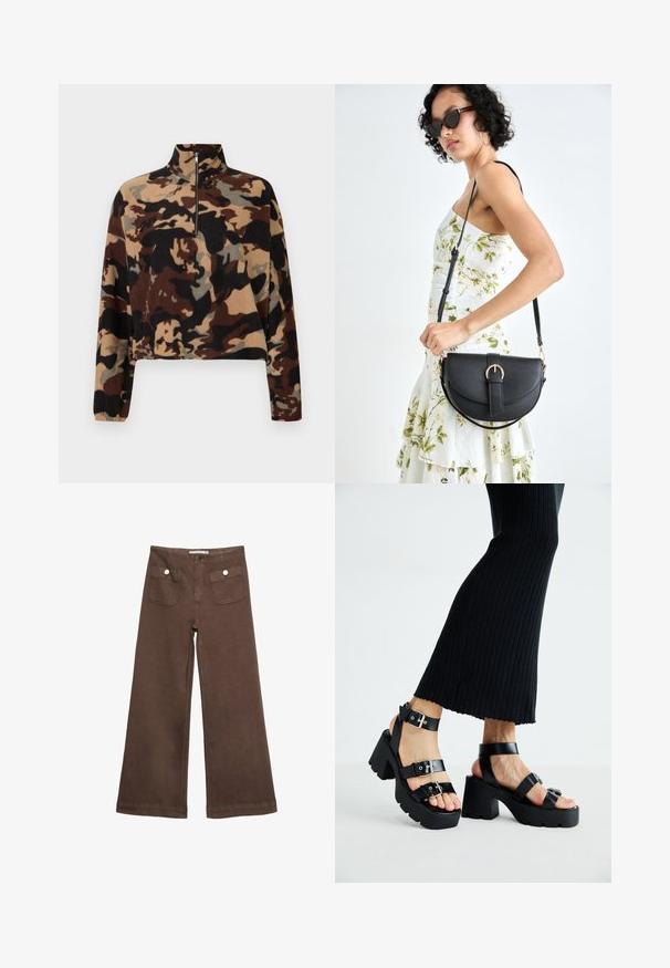 Langærmet fleece-pullover med brun, sort og beige camouflage-mønster, med halv-lynlås krave og elastiske manchetter.; Brune bredbenede bukser lavet af bomuld, med to forlommer med sølvknapper og en glat tekstur.; Sorte platfromsandaler med kraftige, skridsikre såler og flere stropper, der har metalspænder og en glat læderlignende tekstur.; Sort læderhåndtaske med en buet form, aftagelig rem og guldfinish. Tasken har en klap med en spænde detalje.