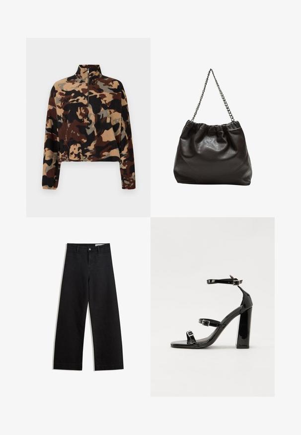 Dlhý fleece pulóver s hnedým, čiernym a béžovým maskovacím vzorom, ktorý má polo-zips a elastické manžety.; Čierne denimové nohavice s širokými nohavicami a vysokým pásom, so prednými a zadnými vreckami, šitými švami a zapínaním na gombík. Hladká textúra.; Čierne lakované sandále na podpätku so štvorcovou špičkou, navlečenými remienkami okolo členku a striebornými prackami. Disponujú masívnym blokovým podpätkom pre stabilitu.; Hnedá kožená taška so zberaným vrchom a reťazovým popruhom. Hladký povrch s lesklým finišom a jemným švom po stranách.