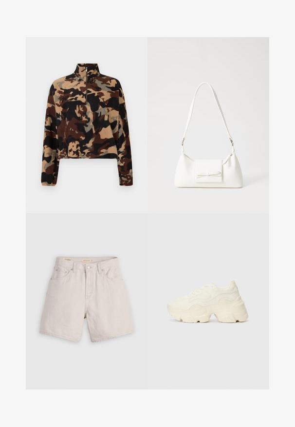 Sudadera de forro polar de manga larga con un patrón de camuflaje en marrón, negro y beige, que presenta un cuello con media cremallera y puños elásticos.; Pantalones cortos de mezclilla beige de talle alto con cierre de botón, trabillas para cinturón y diseño de cinco bolsillos; ligeros con una textura suave.; Zapatillas blancas gruesas hechas de malla texturizada y materiales sintéticos, con una suela gruesa y detalles de patrones intrincados a lo largo de los lados.; Bolso sintético blanco con forma triangular, tapa frontal plana y detalle de lazo, correa ajustable, textura suave y diseño minimalista.