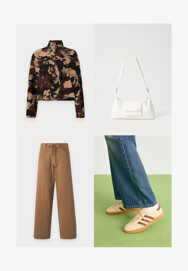 Dlhý fleece pulóver s hnedým, čiernym a béžovým maskovacím vzorom, ktorý má polo-zips a elastické manžety.; Hnedé nohavice so širokými nohavicami vyrobené z bavlny, so sťahovacím pásom a dvoma prednými vreckami. Štruktúrovaná tkanina s hladkým povrchom.; Béžové tenisky s textúrovanými krémovými panelmi a hnedými pruhmi, skombinované s modrými džínsami. Džínsy majú široké nohavice a roztrhnutý lem.; Biela syntetická kabelka s trojuholníkovým tvarom, plochým predným klapkou a detailom mašle, nastaviteľným popruhom, hladkou textúrou a minimalistickým dizajnom.