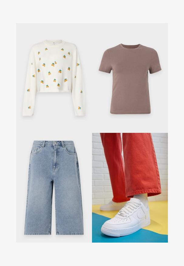Cropped white sweater with long sleeves and scattered yellow flower embroidery, featuring green leaves and a rounded neckline.; Short-sleeve t-shirt in muted brown, made of smooth cotton with a classic round neckline and minimal stitching details.; Light blue denim shorts with a loose fit, mid-rise waist, and visible stitching. Features side and back pockets, and a button closure.; White leather sneaker with perforated toe box, textured sole, and white laces, paired with wide red pants and a blue and yellow background.