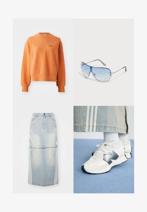Oranges Sweatshirt aus weicher Baumwolle, mit geribtem Rundhalsausschnitt, langen Ärmeln und einem kleinen gestickten Logo auf der Brust.; Denim-Midirock in Hellblau mit seitlichen Streifen, einer taillierten Taille und vorderen Taschen. Die lässige Textur sorgt für zusätzliche Details.; Weiße Sportsneaker mit silbernem Akzent, strukturiertem Stoff und glattem Leder; mit einer schwarzen Gummisohle und Schnürsenkeln.; Flugzeugbrille mit einem verlaufenden blauen Glase, silbernem Metallrahmen und dekorativen Sternelementen auf dem Glas. Glattes und elegantes Design.