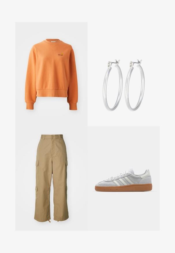 Orange sweatshirt made of soft cotton, featuring a ribbed crew neck, long sleeves, and a small embroidered logo on the chest.; White ribbed long-sleeve top with a round neckline. Made from a stretchy fabric that hugs the body. Features subtle horizontal lines.; Beige cargo pants with a high waist, wide legs, and four large side pockets. Made of durable fabric with a smooth texture and minimal detail.; Light grey suede sneaker with white leather accents, three white stripes, and a brown rubber sole, featuring a padded collar for comfort.; Silver hoop earrings with a smooth, polished finish. Round shape and secure click-top closure. Lightweight design suitable for everyday wear.