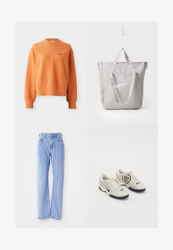 Sweatshirt orange en coton doux, avec un col rond côtelé, des manches longues et un petit logo brodé sur la poitrine.; Top court côtelé vert avec de fines bretelles, doté un ourlet festonné et d'un tissu texturé. Aucun matériel ou motif proéminent.; Jean en denim bleu clair avec des rayures blanches verticales, taille haute, coupe ample, cinq poches et fermeture à bouton.; Baskets Nike avec une tige texturée beige et grise, des accents noirs, un grand logo "90" et un laçage blanc. Semelle noire.; Sac fourre-tout gris avec des poignées renforcées, poche zippée à l'avant et logo Swoosh Nike blanc. Fabriqué en tissu durable avec une texture lisse.