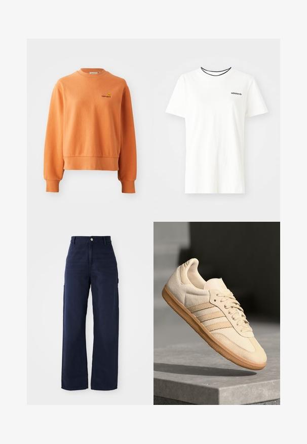 Orange sweatshirt made of soft cotton, featuring a ribbed crew neck, long sleeves, and a small embroidered logo on the chest.; White cotton t-shirt with short sleeves and a round neckline. Features a black Adidas logo on the chest and a contrasting black inner collar.; Navy blue wide-leg cargo pants with a sturdy cotton fabric, featuring side pockets and a button closure at the waist.; Light beige suede sneaker with gum outsole, three diagonal stripes, and a textured toe cap. Features logo on the tongue and side.