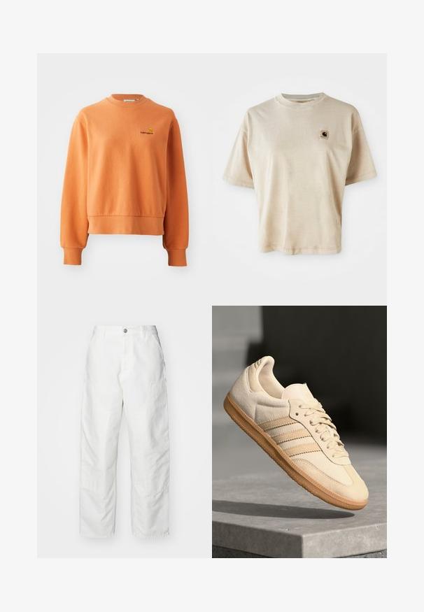 Oranžová mikina vyrobená z jemnej bavlny, s ribovaným okrúhlym výstrihom, dlhými rukávmi a malým vyšitým logom na hrudi.; Béžové bavlnené tričko s voľným strihom, okrúhlym výstrihom, krátkymi rukávmi a malou štvorcovou nášivkou na ľavej strane hrude.; Biele cargo nohavice vyrobené z denimu, s voľným strihom, bočnými vreckami a viditeľnými švami. Jednoduchý predný diel so zapínaním na gombík.; Svetlo béžová semišová teniska s gumovou podrážkou, tromi diagonálnymi pruhmi a textúrovaným špičkovým krytom. Obsahuje logo na jazyku a boku.