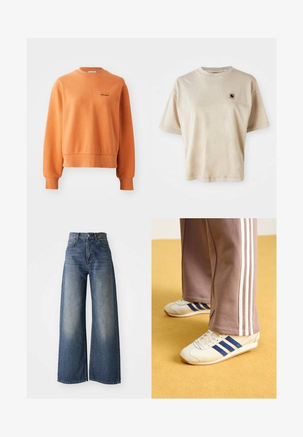 Orange sweatshirt made of soft cotton, featuring a ribbed crew neck, long sleeves, and a small embroidered logo on the chest.; Beige cotton t-shirt with a relaxed fit, crew neck, short sleeves, and a small square logo patch on the left chest area.; Blue high-waisted wide-leg jeans with front button and pockets, faded texture on thighs and a straight hem.; Cream sneakers with blue suede stripes, white laces, and a rubber sole. Paired with gray sweatpants featuring white side stripes.