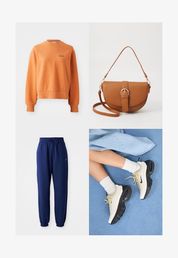 Orange sweatshirt made of soft cotton, featuring a ribbed crew neck, long sleeves, and a small embroidered logo on the chest.; Navy blue sweatpants made of soft fabric, featuring an elastic waistband with drawstring, elastic cuffs, and a small white logo.; Nike Air Max sneakers feature a beige and black design, with a smooth upper, visible air cushioning, and flat rubber soles.; Brown leather crossbody bag with a curved shape, gold hardware, and a buckle accent. Features a detachable shoulder strap.