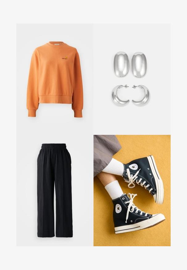 Oranje sweatshirt van zacht katoenen materiaal, met een geribde ronde hals, lange mouwen en een klein geborduurd logo op de borst.; Zwarte wijde broek met een elastische tailleband, gemaakt van zachte stof, met een gladde textuur en een strak design.; Zwarte canvas hoge sneakers met witte veters en rubberen zolen, met een ronde Converse All Star-logo aan de buitenzijde.; Zilverkleurige oorbellen set: twee ovale studs en twee halve maantjes, met een glanzende, soepele afwerking en een afgerond ontwerp.