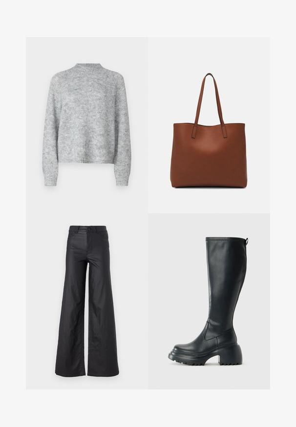 Heled halli kivipesu, millel on kõrge kaelus, pikad varrukad ja vabam lõige. Valmistatud tekstuurse kudumise kangast, millel on peened värvimuutused.; Mustad, laiad püksid kunstnahast. Omab kõrget vööd, vöökotte, kahte esipoolset taskut ja õmmeldud detaile.; Kõrge must nahksaapad, millel on massiivne platvormi tald ja blokk-kand, varustatud tõmbenööriga ja tekstuuriga väljatõmbejääk.; Pruun nahast tote-kott, millel on sile tekstuur, avatud ülaosa disain ja kaks õlarihma. Omab minimaalset õmblust ja nähtavat riistvara ei ole.