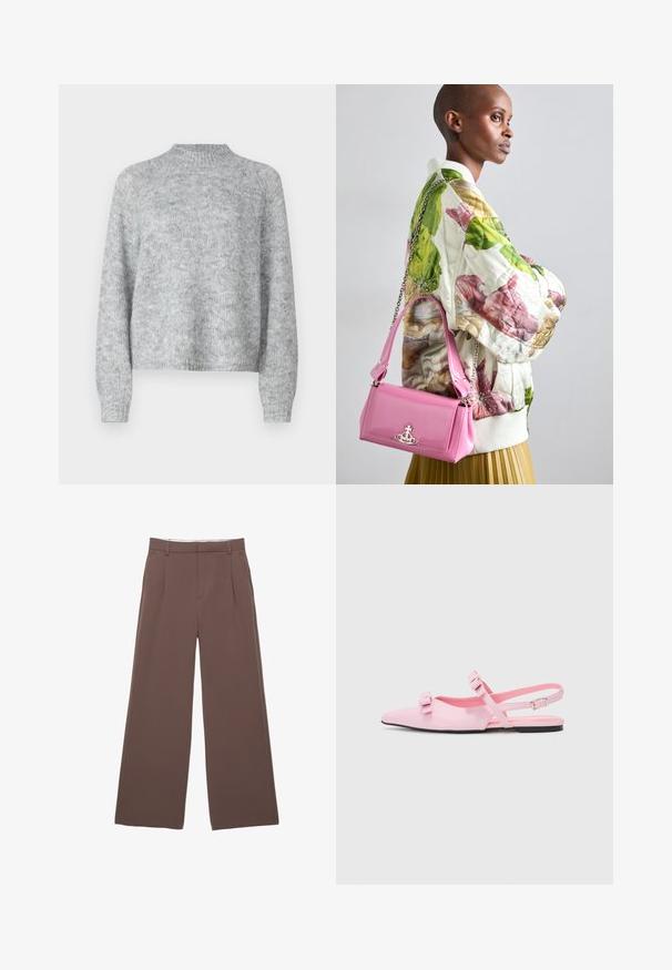 Svijetlosiva džemper s visokim izrezom, dugim rukavima i slobodnim krojem. Izrađen od teksturirane pletene tkanine s suptilnim varijacijama u boji.; Hlače širokih nogavica od čvrstog smešnog materijala, s glatkom teksturom, prednjim nabora i krojenim pojasom. Bez vidljivih logotipa ili uzoraka.; Ružičaste, ravne slingback cipele s šiljastim nosom i dva dekorativna mašna. Glatki sintetički materijal, minimalistički dizajn i tanka narukvica oko gležnja.; Quiltana bomber jakna s cvjetnim uzorkom u zelenoj, ružičastoj i bež boji; uparen s sjajnom ružičastom torbom s lancem i logotipom.