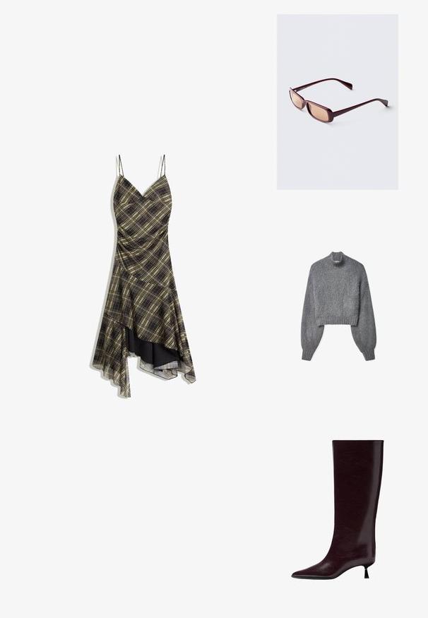 Sivý skrátený sveter s vysokým výstrihom, textúrovanou pleteninou a vypchávkovými dlhými rukávmi. Obsahuje rebrované manžety a lem pre priliehavý vzhľad.; Šaty s čierno-žltým károvaným vzorom, s tenkými ramienkami, výstrihom do V a asymetrickým lemom, obsahujúce priesvitný overlay a zberanú textúru.; Knee-high bordové kožené čižmy s hladkým, textúrovaným povrchom, špicatou špičkou a tenkým, vrstveným podpätkom pre dodatočné zvýšenie.; Bordové slnečné okuliare s obdĺžnikovými rámami, gradientnými sklami a elegantnými ramenami. Materiál má hladký, lesklý povrch.; Hnedá kožená taška, zakrivený tvar, jedno uchá, zipsové zapínanie, textúrovaný povrch s jemným leskom. Kompaktný a minimalistický dizajn.