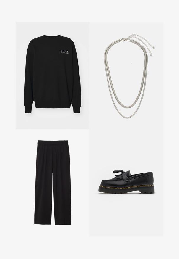 Must must, mis on valmistatud puuvillast. Omab ümmargust kaelust, pikki varukaid ja rinnal valget tikandiga "Manastash" logo koos mägigraafikaga.; Mustad laiad püksid pleediga esiosas, küljetaskud ja sile kangas. Disainitud mugavaks istuvuseks.; Mustmust musta loafer, millel on frantsiisi aktsent, paks must tald ja kollane õmblus servas. Tekstuuriga viimistlus.; Kolmekihiline hõbedane metallkaelakee, mis on valmistatud peentest, paindlikest kettidest kerge läikega, kinnitatud krabi sulguri ja reguleeritava ketiga.