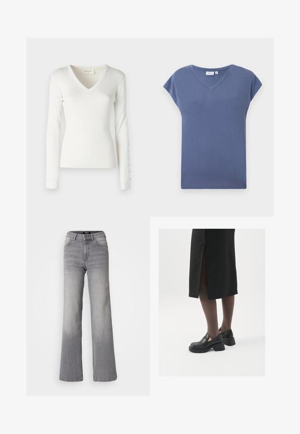 Valkoinen ribbattua pitkähihainen paita, jossa on V-päinen muotoilu ja napit koristettaessa hihoja. Pehmeä rakenne ja istuva malli.; V-pääntie, lyhythihainen T-paita hillityssä sinisessä värissä, valmistettu pehmeästä puuvillamateriaalista, jossa on sileä rakenne ja rento istuvuus.; Vaaleanharmaat korkeavyötäröiset suorat farkut etupainikkeella ja vetoketjulla, etu- ja takataskuilla, sekä haalistuneet varjostukset reisissä ja pohkeissa.; Mustat nahkakengät pyöreällä kärjellä, paksulla lohkopohjalla ja joustavilla sivuakkesseilla, yhdistettynä tummiin sukkahousuihin ja mustaan hameeseen, jossa on halkio.