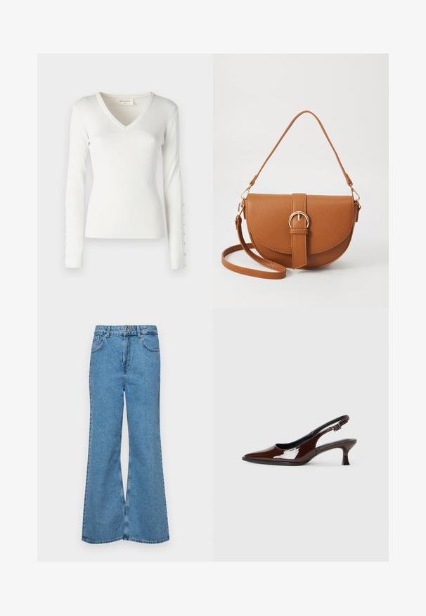 Fehér bordázott, hosszú ujjú felső V-nyakkivágással és gombdíszekkel az ujjak mentén. Puha tapintású, testhezálló fazon.; Világoskék, trapézszárú farmernadrág, magas derékkal, öt zsebbel és egy gombos záródással. Puha tapintású, magasított effektusú anyag.; Barna lakkbőr slingback cipő hegyes orral és mérsékelt sarkal. Biztonságos illeszkedést biztosító csattal rendelkezik. Sima textúra.; Barna bőr keresztbody táska ívelt formával, aranyszínű fémrészekkel és csat díszítéssel. Levehető vállpánttal rendelkezik.