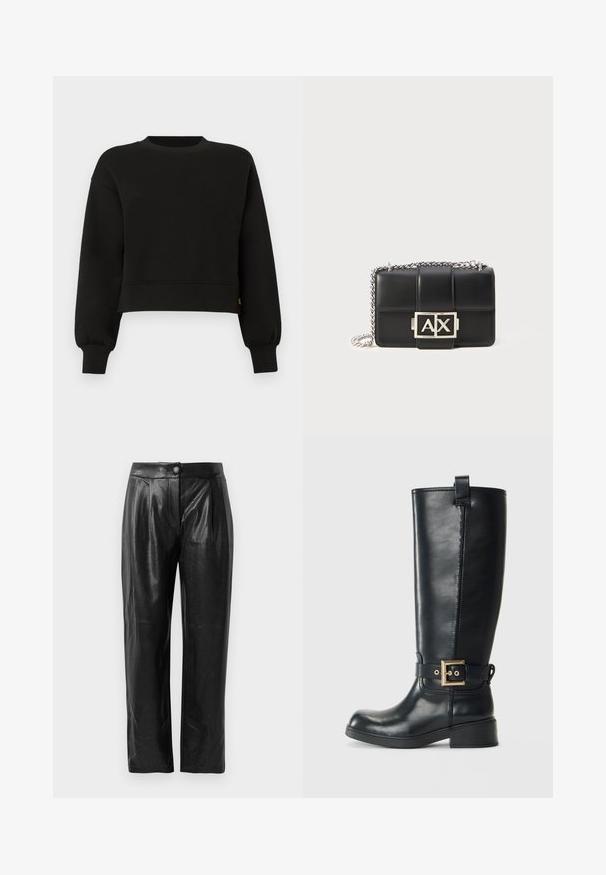Μαύρο κοντό φούτερ με μακριά μανίκια μπαλόνι, ριμπ λαιμόκοψη, μανσέτες και στρίφωμα, τοποθετημένο σε λευκό φόντο.; Μαύρο παντελόνι από faux δέρμα με υφή, φαρδιά γραμμή, πτυχώσεις στο μπροστινό μέρος και μονό κουμπί στη μέση.; Μαύρη δερμάτινη μπότες μέχρι το γόνατο με χαμηλό τετράγωνο τακούνι, διακοσμητικός χρυσός ιμάντας γύρω από τον αστράγαλο και θηλιά στην κορυφή.; Μαύρη δερμάτινη τσάντα χειρός με ψηφιδωτό σχέδιο, ασημί αλυσίδα και εντυπωσιακό ασημί λογότυπο "AX" στο μπροστινό μέρος. Συμπαγές ορθογώνιο σχήμα.