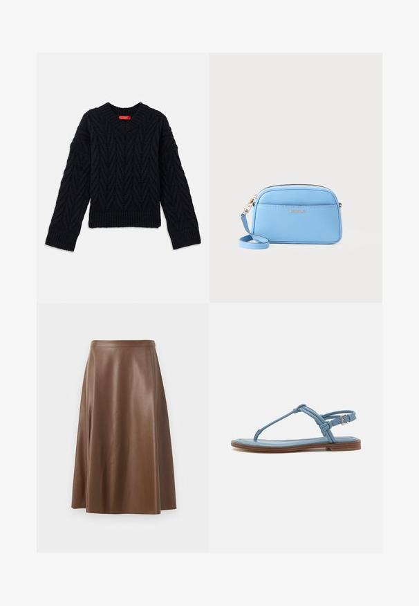 Mustamooduline kootud sviiter V-kaelusega, millel on nöörmustrit ja soonikvarrukad ning -äär. Valmistatud tekstureeritud lõngast lisasoojustamiseks.; Pruun nahkne A-line seelik, millel on sile tekstuur ja keskmise pikkusega lõhik. Omab sobivat vöökohta ja kerget laienemist puusadelt.; Sinine nahast sõrmsandaal, millel on lame tall ja õhuke rihmastruktuur, ning ankle-luku tõmblukk, mis tagab kindla sobivuse.; Hele sinine nahast ristiõlakott kuldse viimistlusega, tõmblukk, ja eesmine tasku. Omab reguleeritavat rihma mugavuse tagamiseks.