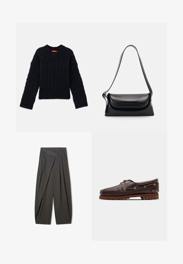 Zwarte gebreide trui met een V-hals, voorzien van een kabelpatroon en geribbelde manchetten en zoom. Gemaakt van een getextureerd garen voor extra warmte.; Grijze geplooide broek met hoge taille, met een knoopsluiting en een brede pijpontwerp. Gemaakt van een soepele, geweven stof.; Bruine leren bootsschoen met gouden oogjes, ronde veters en een gestructureerde bruine rubberen zool. Kenmerkt zich door gestikte details en een verhoogd logo.; Zwarte leren handtas met een gestructureerde vorm, een gladde textuur en een enkele schouderband. Heeft een subtiele, afgeronde klepontwerp.