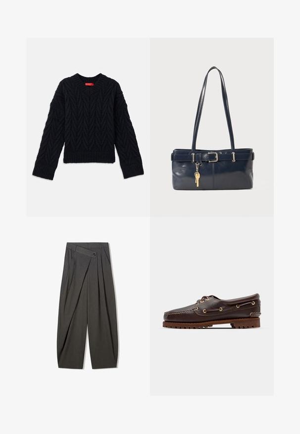 Zwarte gebreide trui met een V-hals, voorzien van een kabelpatroon en geribbelde manchetten en zoom. Gemaakt van een getextureerd garen voor extra warmte.; Grijze geplooide broek met hoge taille, met een knoopsluiting en een brede pijpontwerp. Gemaakt van een soepele, geweven stof.; Bruine leren bootsschoen met gouden oogjes, ronde veters en een gestructureerde bruine rubberen zool. Kenmerkt zich door gestikte details en een verhoogd logo.; Marine leren handtas met twee lange hengsels, een gespdetail en een sleutelhanger eraan bevestigd. Heeft een gladde textuur en een rechthoekige vorm.