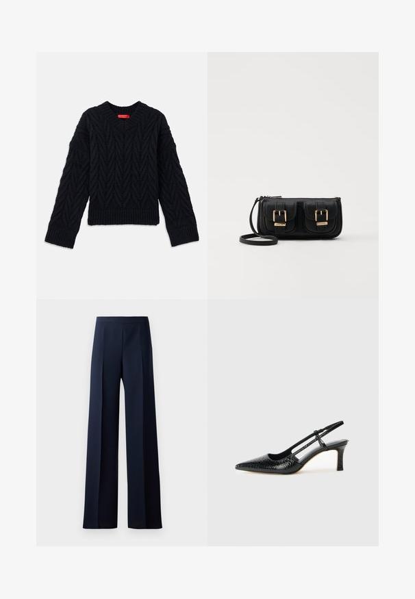 Schwarzer Strickpullover mit V-Ausschnitt, der ein Kabelmuster sowie gerippte Bündchen und Saum aufweist. Aus einem strukturierten Garn für zusätzliche Wärme gefertigt.; Weit geschnittene Hosen aus dunkelblauem Stoff mit einer glatten Textur, subtilen frontalen Falten und einem taillierten Bund für eine schlanke Silhouette.; Schwarze Lack-Slingback-Pumps mit spitzem Zehenbereich, versehen mit strukturiertem Schlangenprint, verstellbarem Riemen und einem kurzen, strukturierten Blockabsatz.; Schwarze Leder-Umhängetasche mit zwei vorderen Taschen, goldenen Schnallen, Reißverschluss und einem schmalen Tragegurt. Texturierte Oberfläche und kompakte rechteckige Form.