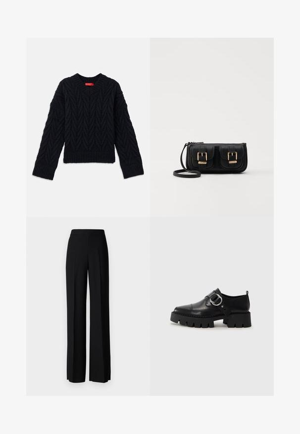 Juodas megztinis su V formos iškirpte, su šonine rašto tekstūra ir su elastinėmis rankogaliais bei apdailos krašteliu. Pagamintas iš tekstūruoto siūlo, suteikiančio papildomą šilumą.; Juodi platūs kelnių kelnės su lygiu paviršiumi, turinčios aukštą liemenį ir centrinės raukšlės. Nėra matomų raštų ar metalinių detalių.; Juodos odinės bateliai su masyviu, grioveliuotu padu, su apvaliu sidabro detalės akcentu ir minimaliais siuvimo elementais.; Juodas odinis per petį nešiojamas krepšys su dviem priekiniais kišenėmis, auksiniais sagtimis, užtrauktuko uždarymu ir siauromis petnešomis. Textūruota paviršius ir kompaktiškas stačiakampis formatas.