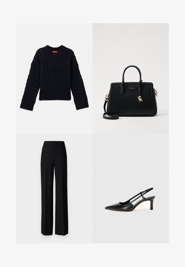Svart stickad tröja med V-ringning, med ett kabelmönster och ribbade muddar och nederkant. Tillverkad av ett strukturerat garn för extra värme.; Svarta vida byxor med en slät textur, med hög midja och centrala veck. Inga synliga mönster eller hårdvarudetaljer.; Svart lackskin slingback-häl med spetsig tå, med texturerad ormskinnsprint, justerbar rem och en kort, texturerad blockklack.; Svart läderhandväska med strukturerad design, dubbla handtag ovanpå, avtagbar axelrem, guldfärgade detaljer och en logocharm som accent.