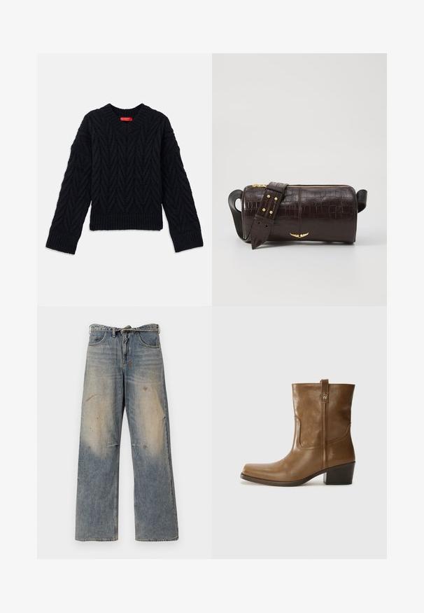 Black knitted sweater with a V-neck, featuring a cable pattern and ribbed cuffs and hem. Made from a textured yarn for added warmth.; Light blue denim jeans with a loose, straight-leg design. Features whiskering, fading, and distressed details near knees. Classic five-pocket style.; Brown leather ankle boot with a square toe, textured finish, and a low stacked heel. Features a rear pull tab and subtle stitching details.; Brown crocodile-embossed leather bag with a cylindrical shape, gold-tone hardware, and a detachable strap featuring studs.