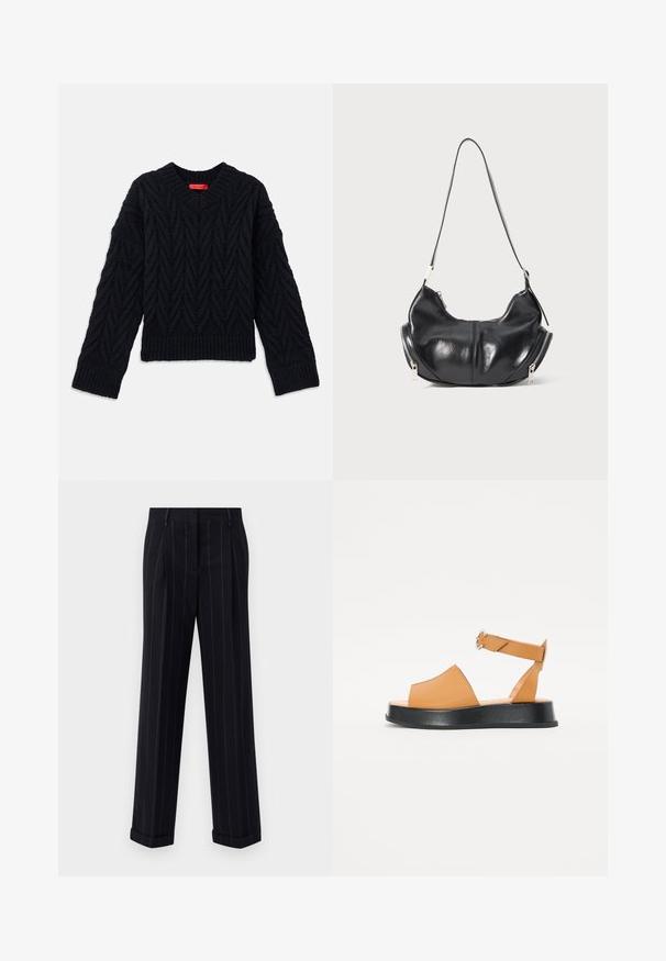 Svart stickad tröja med V-ringning, med ett kabelmönster och ribbade muddar och nederkant. Tillverkad av ett strukturerat garn för extra värme.; Svarta randiga byxor med skräddarsydd passform, med uppvikta fållar och frontveck. Tillverkade av ett mjukt tyg med en strukturerad design.; Brun lädersandal med bred front, öppen tå, justerbar rem och en tjock svart plattformssula. Slät textur och minimalistisk design.; Svart läder axelväska i halvmåneform med silverfärgade dragkedjor på båda sidor och ett enda band.