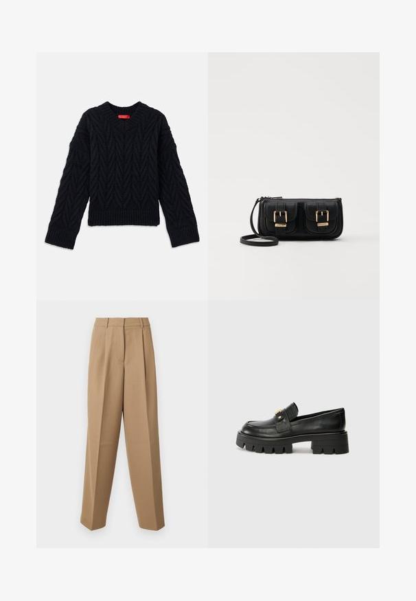 Juodas megztinis su V formos iškirpte, su šonine rašto tekstūra ir su elastinėmis rankogaliais bei apdailos krašteliu. Pagamintas iš tekstūruoto siūlo, suteikiančio papildomą šilumą.; Bežinės pritaikytos kelnės su aukštu liemeniu, raukšlėtu priekiu ir plačiomis kojomis. Audinys atrodo lygus, su nedideliu blizgesiu.; Juodi odiniai loafers batai su masyviu padu, papuošti auksiniu akcentu priekyje ir lygiu paviršiumi. Masyvi protektoriaus dizaino išvaizda padais.; Juodas odinis per petį nešiojamas krepšys su dviem priekiniais kišenėmis, auksiniais sagtimis, užtrauktuko uždarymu ir siauromis petnešomis. Textūruota paviršius ir kompaktiškas stačiakampis formatas.