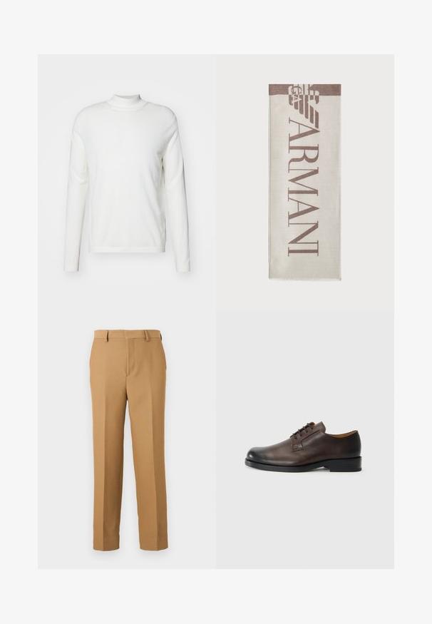 Hvit langermet genser med høy hals laget av myk stoff. Har en tettsittende design og minimal detaljer, med en enkel rett hemline.; Beige dressbukser laget avvevd stoff, med rett snitt, flat front og beltehemper. Glatt tekstur uten synlige mønstre.; Brune lær sko med en rund tå, lav hæl, snøredesign og glat tekstur. Har minimal søm og en poleret finish.; Beige skjerf med "ARMANI"-logo i brunt. Rektangulær form med myk tekstur og frynser i kantene. Minimalistisk design, høykvalitets materiale.