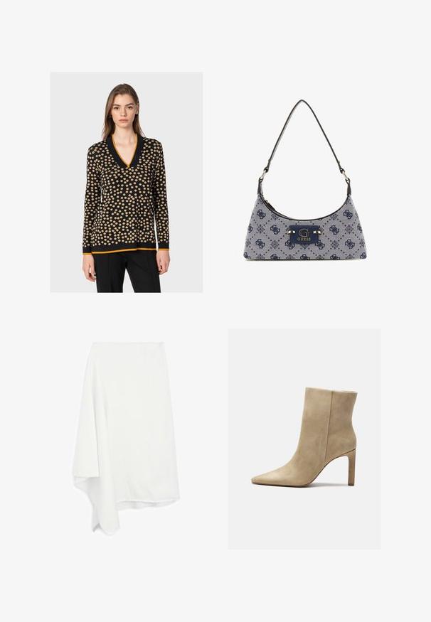 Schwarzer Pullover mit beigen Pünktchen, V-Ausschnitt-Design, langen Ärmeln und orangefarbener Akzentfarbe am Ausschnitt und Saum. Weicher Stoff.; Asymmetrischer weißer Rock aus weichem, leichtem Material; ausgefranster Saum; glatte Textur; fällt auf einer Seite elegant.; Zign High Heel Stiefelette - beige; Hobo-Handtasche aus navyblauem Stoff mit einem Diamantmuster, ausgestattet mit einem Logo-Schild und einem glatten Schultergurt. Strukturiert Oberfläche.
