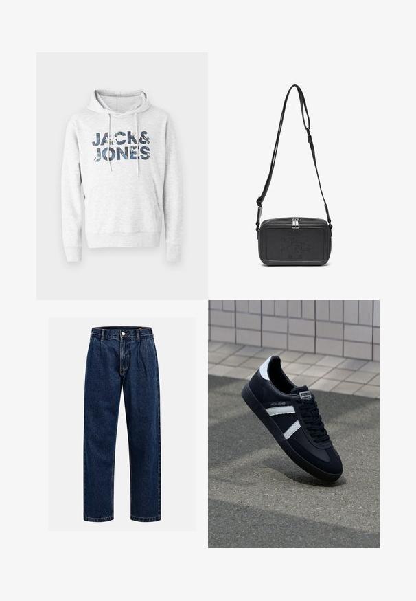 Siva kapuca s kapuco z značko "JACK & JONES" v vzorčnem dizajnu. Mehak material z dolgimi rokavi in sprednjim kenguru žepom.; Kremna bombažna majica s kratkimi rokavi in okroglim izrezom. Ima grafični tisk v modri in rdeči barvi z besedilom in motivom.; Temno modri kavbojki iz denima s pravim krojem. Imajo vidno šivanje, zapenjanje na gumb in sprednje plitke za dodaten detajl.; Črne usnjene superge z belimi črtami, teksturiran gumijast podplat in zavezovanje spredaj. Imajo označeno oznako na ježku.; Črna usnjena torbica čez ramo z zadrgo, embosirano logotipom spredaj in nastavljivim pasom. Gladka površina z pravokotno obliko.