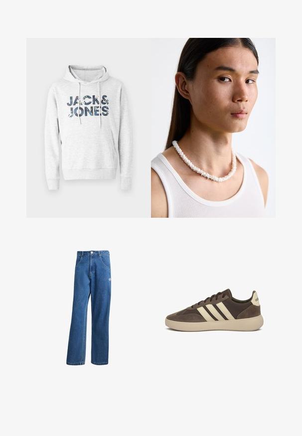 Felpa grigia con cappuccio che presenta il testo "JACK & JONES" in un design decorativo. Tessuto morbido con maniche lunghe e tasca a kangaroo frontale.; Jeans di denim a vita alta e gamba larga blu, con tasche frontali, passanti per cintura, chiusura a bottone e piccolo logo Adidas sulla coscia destra.; Sneaker in camoscio marrone con tre strisce bianche, punta arrotondata, suola spessa in gomma e marchio minimo sul tallone.; Collana di conchiglie bianche composta da forme irregolari, indossata sopra una maglietta bianca aderente. Texture liscia con una leggera lucentezza, design aderente.