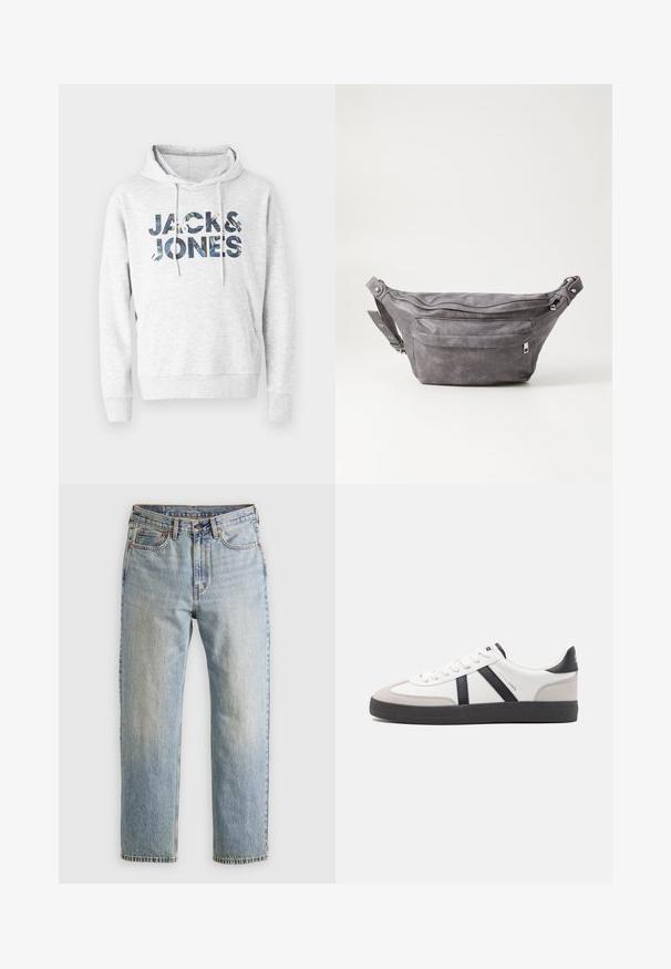 Gray hooded sweatshirt featuring the text "JACK & JONES" in a patterned design. Soft fabric with long sleeves and a front kangaroo pocket.; Light blue denim jeans with high waist, front button, zipper, and five-pocket design, laid flat on a neutral background.; White sneaker with black and gray accents, featuring a textured gray toe cap, black rubber sole, and flat white laces. Clean design, minimalist style.; Gray suede fanny pack with a rounded shape, two zippered compartments, and adjustable strap. Features metal hardware accents.