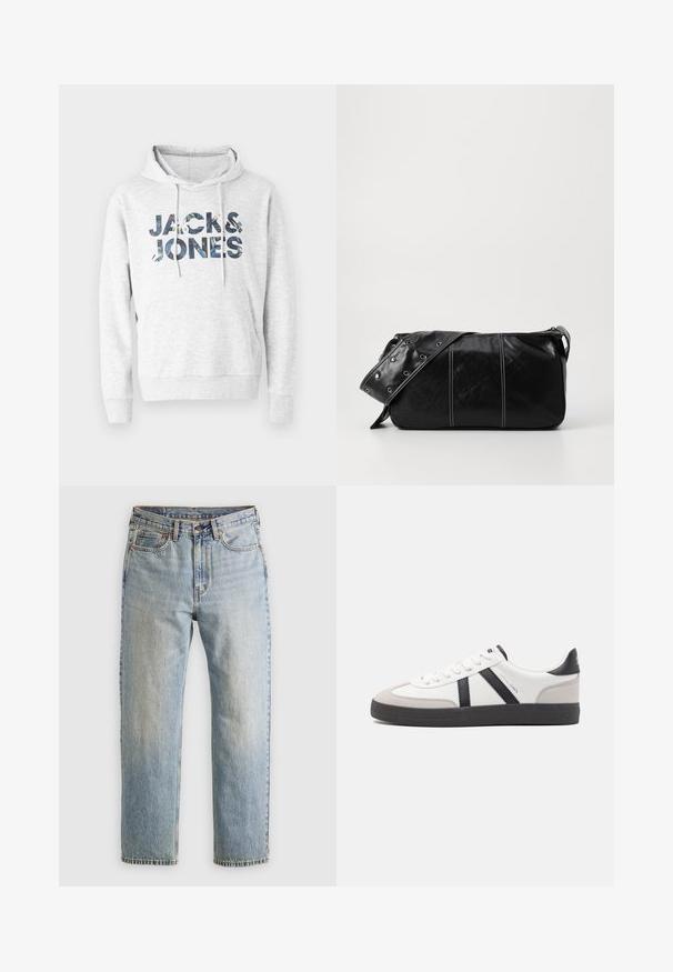 Siva dukserica s kapuljačom sa natpisom "JACK & JONES" u uzorku. Mekana tkanina s dugim rukavima i prednjim džepom u obliku kengura.; Svijetloplave traperice visoki struk, prednji gumb, zatvarač i dizajn s pet džepova, položene ravno na neutralnoj pozadini.; Bijele tenisice s crnim i sivim detaljima, s teksturiranim sivim zaštitnikom prstiju, crnim gumene potplate i ravnim bijelim vezicama. Čist dizajn, minimalistički stil.; Crna kožna torba preko ramena s zatvaranjem na patentni zatvarač, s teksturiranim tijelom, bijelim šavovima i remenom sa srebrnim okovima.