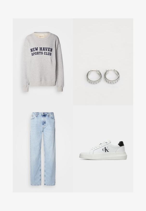 Světle šedá mikina vyrobená z bavlněné směsi, s námořnickým modrým nápisem "NEW HAVEN SPORTS CLUB" na hrudi. Elastické manžety a lemy.; Světle modré široké džíny z denimu, s vysokým pasem, výrazně vybledlým odstínem a decentním vzorem tie-dye na přední straně.; Bílé nízké tenisky s černým patním tabem, platformovou podrážkou, tkaničkami a logem Calvin Klein "CK" na boku.; Stříbrné kruhové náušnice s texturovaným designem a vertikálními drážkami. Kulatý tvar s pevným uzávěrem. Hladký povrch.