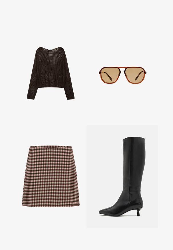 Dug izraden naći s dugim rukavima u tamnosmeđoj boji, s labavim krojem i otvorenom tkaninom, zaokrugljenim izrezom i spuštenim ramenima.; Mini suknja u crvenoj i krem bojama sa kariranim uzorkom, ravnog kroja i teksturirane tkanine. Nema vidljivih zatvarača ili ukrasa.; Zign Čizme - black; Smeđe osmerokutne naočale za sunce s prozirnim jantarno smešanim okvirom i smešanim lećama. Sadrže metalni detalj na nosu i vitke tempere.; Smešnjak smeđi toaletni torba s dvostrukim ručkama, trakama za zakopčavanje i ležernim, blago opuštenim oblikom.
