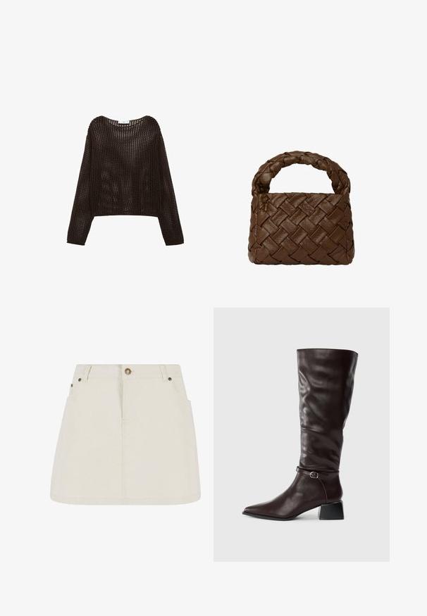 Haken-stijl lange mouwen top in donkerbruin, met een losse pasvorm en open geweven textuur, met een ronde halslijn en verlaagde schouders.; Leren denim minirok in lichtbeige, met een hoge taille, twee voorzakken en bronzen knoopaccenten. Gladde textuur en eenvoudig ontwerp.; Lange, donkerbruine leren laars met een spitse neus, een kleine gesp rond de enkel en een lage blokhak op een witte achtergrond.; Bruine geweven leren handtas met een gevlochten handvat, rechthoekige vorm, textuur oppervlak en naadloze constructie.