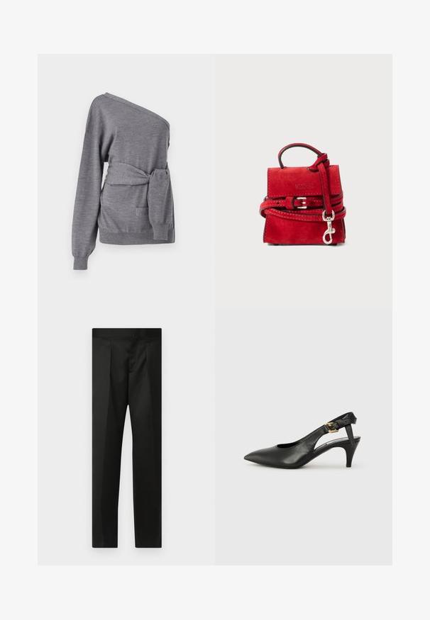 Pulover asimetric gri, realizat dintr-un material moale, având o talie înclozată, un design pe un singur umăr și un buzunar frontal.; Pantaloni negri cu un material neted, design croit, picioare drepte și un talie plată fără închideri sau buzunare vizibile.; Pantofii slingback din piele neagră, cu vârf ascuțit, toc mic și detaliu cu cataramă pe brățara gleznei. Textură netedă, design minimalist.; Geantă de mână din suede roșu, cu un mânere mic, curea detașabilă și un detaliu cu cataramă. Prezintă o finisare texturată și un logo embosat pe față.