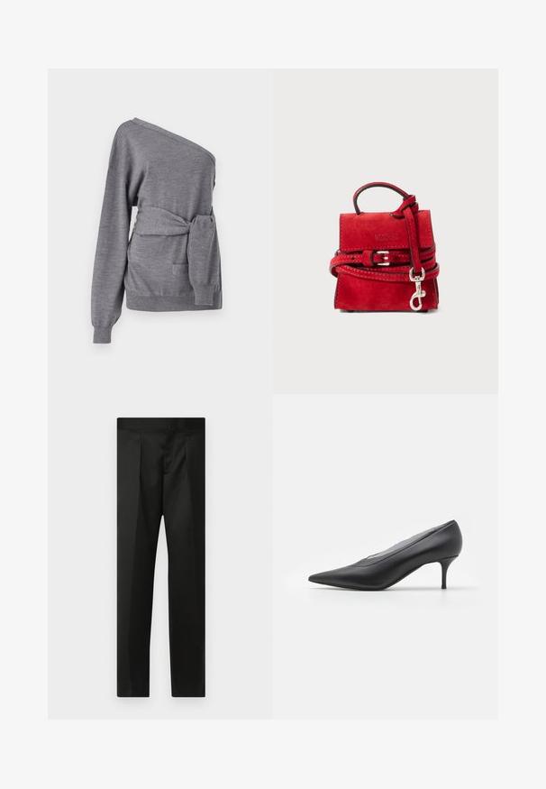 Asymetryczny szary sweter z miękkiego materiału, z paskiem w talii, jednolitym ramieniem i kieszenią z przodu.; Czarne spodnie wykonane z gładkiego materiału, z dopasowanym krojem, prostymi nogawkami oraz płaskim pasem bez widocznych zapięć lub kieszeni.; Czarna szpilka o ostro zakończonym nosku, wykonana z gładkiej skóry. Posiada smukły obcas i minimalistyczny design bez widocznych ozdób.; Czerwona torebka zamszowa z małym uchwytem, odpinanym paskiem i detalem z klamrą. Posiada teksturowane wykończenie oraz wytłoczone logo na przodzie.