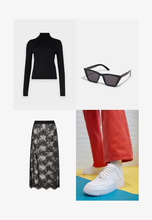 Juodas golfas, pagamintas iš lengvos, tamprios medžiagos; turi ilgas rankoves, prigludusią siluetą ir raukšlėtą apykaklę.; Juodos nėriniuotos sijonas su banguotu apvadu, turintis gėlių motyvą ir permatomą tekstūrą. Elastinga juosmens juosta patogiam nešiojimui.; Baltos odinės kedų sportbačiai su perforuotu pirštu, tekstūruota pado dalimi ir baltais raišteliais, derinami su plačiomis raudonomis kelnėmis ir mėlynos bei geltonos spalvų fono kompozicija.; Juodos, kampuotos saulės akinios su pilkais stiklais; pagaminti iš plastiko, su storomis šakėmis, turinčiomis lygų paviršių ir be matomų detalių.; Juodas zomšos sankabos krepšys su užtrauktuku ir nuimamu riešo dirželiu. Krepšys turi auksinės spalvos detales ir lygią, matinę tekstūrą.