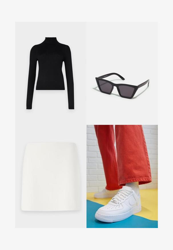 Juodas golfas, pagamintas iš lengvos, tamprios medžiagos; turi ilgas rankoves, prigludusią siluetą ir raukšlėtą apykaklę.; Balta, prigludusi mini sijonas su lygiu paviršiumi ir švariomis linijomis. Be matomų raštų ar detalių. Tiesus kraštas apačioje.; Baltos odinės kedų sportbačiai su perforuotu pirštu, tekstūruota pado dalimi ir baltais raišteliais, derinami su plačiomis raudonomis kelnėmis ir mėlynos bei geltonos spalvų fono kompozicija.; Juodos, kampuotos saulės akinios su pilkais stiklais; pagaminti iš plastiko, su storomis šakėmis, turinčiomis lygų paviršių ir be matomų detalių.; Juodas zomšos sankabos krepšys su užtrauktuku ir nuimamu riešo dirželiu. Krepšys turi auksinės spalvos detales ir lygią, matinę tekstūrą.