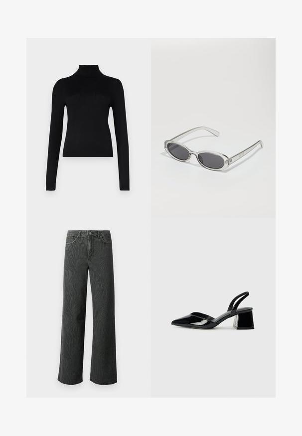 Black turtleneck sweater made of lightweight, stretchy fabric; features long sleeves, a fitted design, and ribbed collar.; Wide-leg jeans in dark gray denim, featuring a subtle zebra-pattern texture, contrast stitching, and five-pocket design with a button fly.; Black patent leather slingback heels with a pointed toe and a geometric block heel. Features a sleek, minimal design and smooth texture.; Sunglasses with an oval shape, clear plastic frame, dark gray lenses, and thin transparent arms featuring logo accents and minimal detailing.