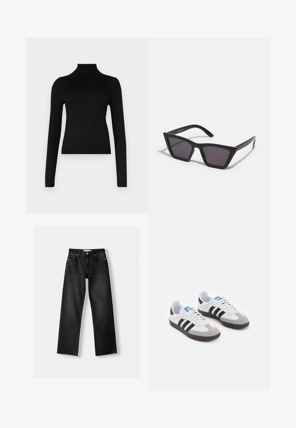 Musta poolapainen neule, joka on valmistettu kevyestä ja joustavasta kankaasta; siinä on pitkät hihat, tiukka muotoilu ja ribbineuloskaulus.; Bershka Straight leg -farkut - mottled dark grey; Urheilukengät, joissa on valkoinen nahkainen päällinen, harmaa mokkanokka ja kolme mustaa raitaa. Ominaisuuksina sininen logo kielekkeessä ja kuvioitu kumipohja.; Mustat, kulmikkaat aurinkolasit harmailla linsseillä; valmistettu muovista, paksuilla varsilla, joissa on sileä pinta ja ilman näkyvää metalliosaa.