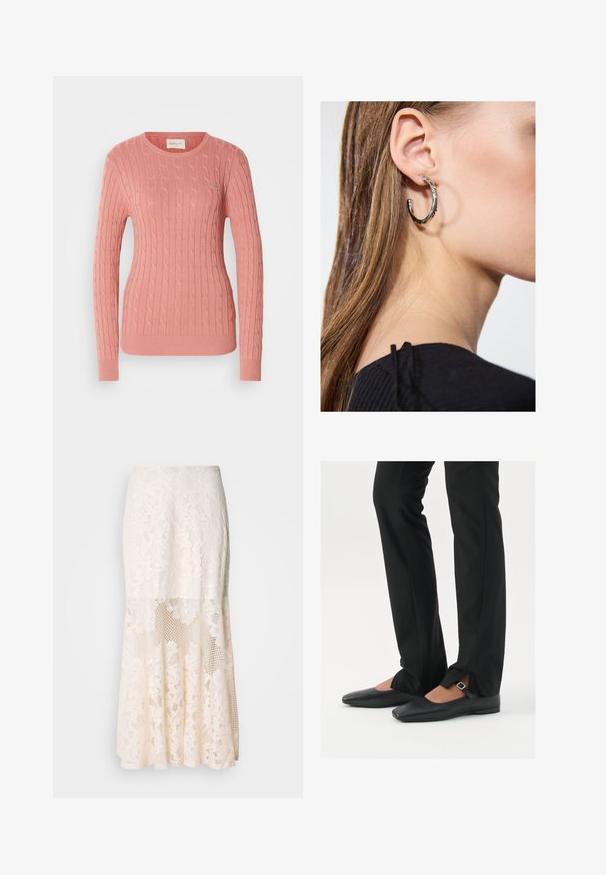 Puha rózsaszín, gyapjúzott pulóver, kerek nyakkivágással és hosszú ujjakkal. A texturált minta mélységet ad. Diszkrét logó a mellkason.; Krém színű virágos csipke midi szoknya; réteges kialakítással, áttetsző részekkel, texturált csipkével és bővülő szegéllyel rendelkezik.; Fekete bőr balettcipők hegyes orral, ezüst csattal ellátott pánttal, fekete szabott nadrággal, amelynek hasított szegélye van.; Ez egy ezüst fülbevaló, sima felülettel, amelyen apró arany díszítőelemek találhatók. Kerek formájú és a fülcimpán viselik.