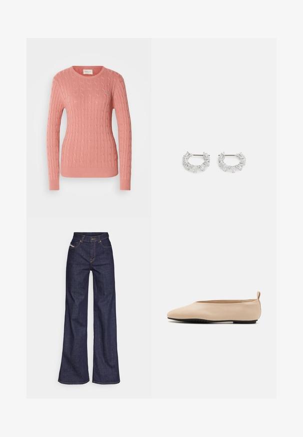 Svetr s kabelovým pletením v jemné růžové barvě, s kulatým výstřihem a dlouhými rukávy. Texturovaný vzor přidává na hloubce. Diskrétní logo na hrudi.; Tmavě modré džíny s širokým střihem vyrobené z denimové tkaniny, s vysokým pasem, oranžovým prošíváním, pěti kapsami a zapínáním na knoflík.; Béžové kožené baleríny s nízkým profilem, kulatou špičkou a černou gumovou podrážkou, s malým zadním poutkem pro snadnější obouvání.; Stříbrné kruhové náušnice s průhlednými, obdélníkovými a trojúhelníkovými krystaly uspořádanými v vzorovaném designu. Klipy pro bezpečné upevnění.