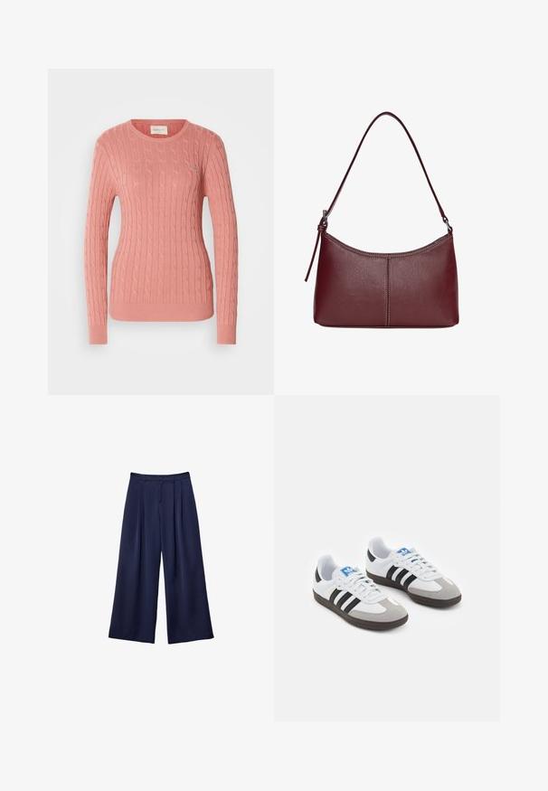 Kabelstrickpullover in zartem Rosa, mit Rundhalsausschnitt und langen Ärmeln. Das strukturierte Muster sorgt für Tiefe. Dezente Markenkennzeichnung auf der Brust.; Marineblaue weite Hosen mit Falten, Knopfverschluss und Gürtelschlaufen, flach auf einem weißen Hintergrund präsentiert.; Sportschuhe mit einem Obermaterial aus weißem Leder, grauer Wildleder-Zehenkappe und drei schwarzen Streifen. Sie verfügen über ein blaues Logo auf der Zunge und eine strukturierte Gummisohle.; Bordeauxfarbene Ledertasche mit geschwungener Form, einem einzigen Schulterriemen und gesteppten Details in der Mitte. Glatte Textur, minimales Zubehör.