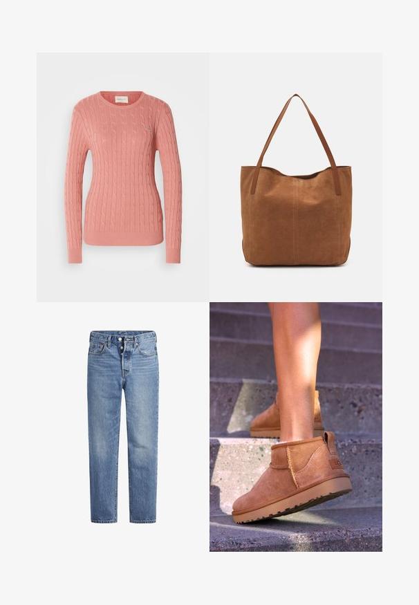 Kabeļu adījuma džemperis maigi rozā krāsā ar apaļu kakla izgriezumu un garām piedurknēm. Tekstūrētais raksts piešķir dziļumu. Subtils zīmola uzraksts krūtīs.; Gaiši zila džinsu bikses ar taisnu griezumu, piecu kabatu dizainu un poga aizdari. Iespējamas nelielas izbalēšanas un apelsīnu diegu akcenti.; Dzeltenbrūnas zamšādas potīšu zābaciņi ar mīkstu tekstūru, izšūtu apdari un gumijas zoli, kas aprīkoti ar cilpu uz papēža ērtai uzvilkšanai.; Brūns zamša tote somas ar divām garām rokturiem, ar gludu tekstūru, vienkāršu dizainu un bez redzamām aparatūrām vai akcentiem.