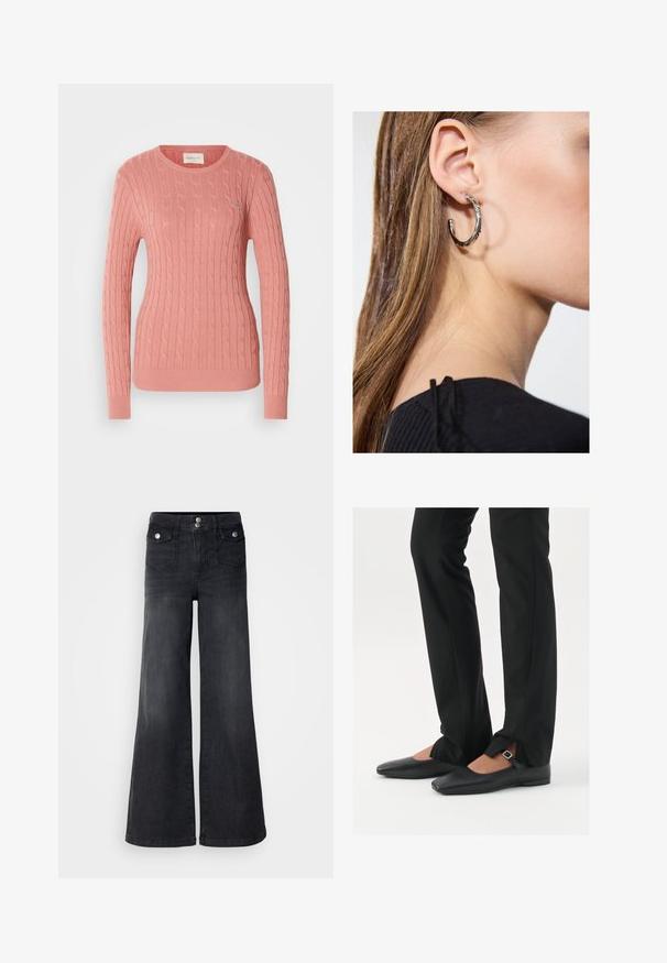 Pulover din tricot cu model cablu, de culoare roz deschis, cu guler rotund și mâneci lungi. Modelul texturat adaugă profunzime. Branding subtil pe piept.; Jeanși largi din denim negru cu talie înaltă, nasturi în față și două buzunare frontale; textură netedă cu o ușoară finisare de decolorare.; Balerini din piele neagră, cu vârf ascuțit, curea cu cataramă argintie, asortați cu pantaloni negri tailoring cu tiv despicat.; Cercel din argint cu un finisaj polișat, având detalii mici din aur și o formă rotundă, purtat pe lobul urechii.