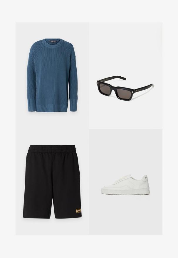 Zils adīts džemperis ar apaļu kaklu, garām piedurknēm un ribotām aprocēm un apakšmalu. Iezīme ir struktūru raksts un logotipa birka sānos.; Melnas sporta šortus, kas izgatavoti no mīksta auduma, ar elastīgu jostu un mazu dzeltenu EA7 logo zem kreisā kājas stūra.; Baltas ādas sneakers ar gludu virsmu, apaļu pirkstu daļu, plakaniem šņorēm un teksturētu zoli. Satur diskrētu logotipu uz papēža.; Melnas taisnstūra formas saulesbrilles ar tumšiem stikliem, bieza plastmasas rāmja, zelta akcenti pie tempļiem un zīmola logo iegravēts roku daļā.